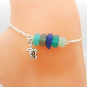 Turtle Bracelet Anklet Ankle Bracelet Hand Crafted Tumbled Sea Glass NEW